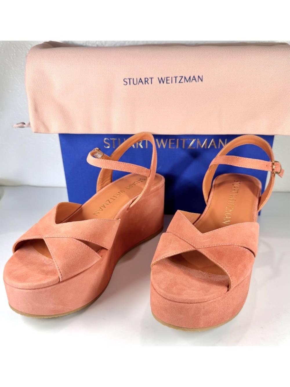 STUART WEITZMAN NIB CARMEN TERRACOTTA SUEDE MIDI WEDGE SANDAL. SIZE 8.5 B - Picture 8 of 15